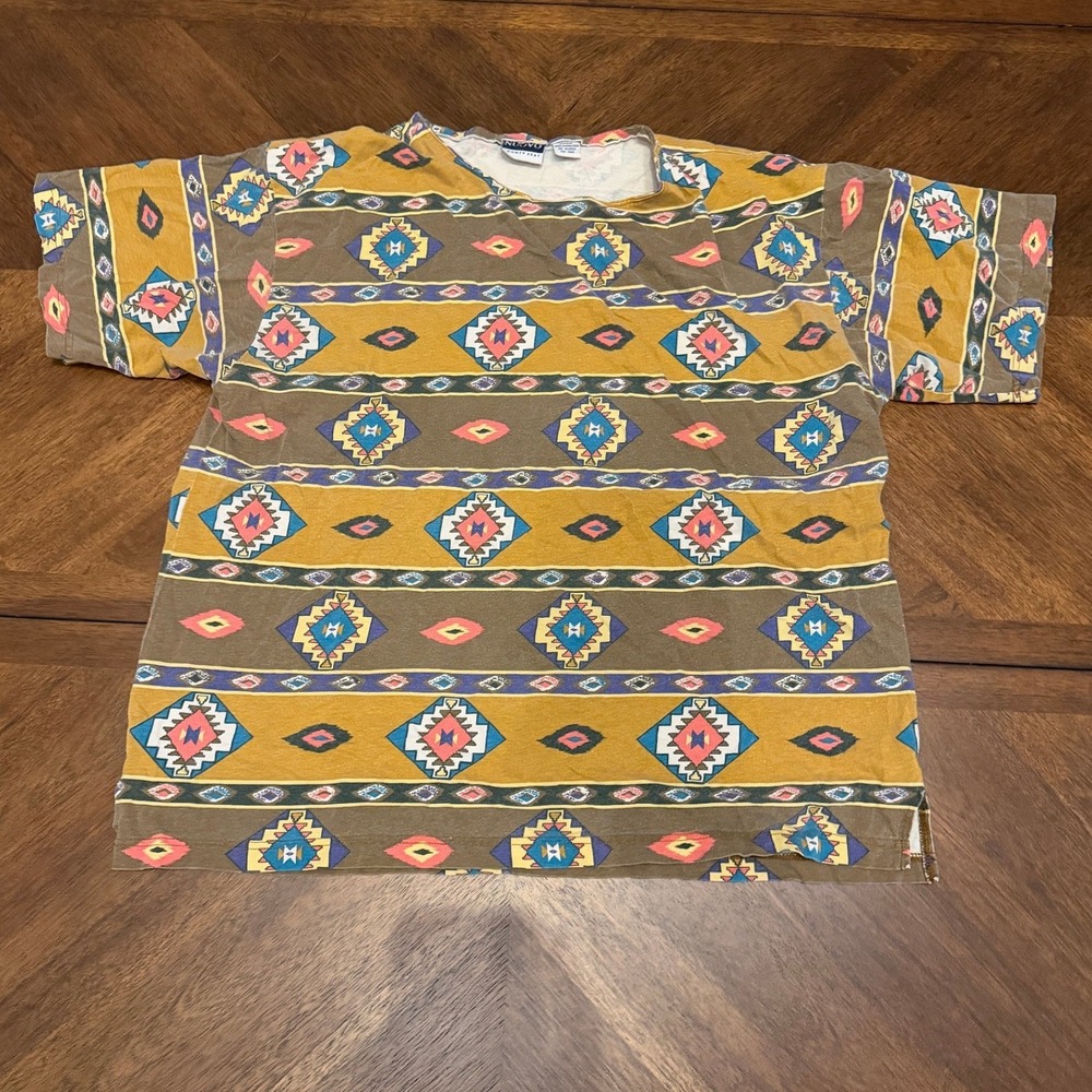Vintage Nuovo County Seat Southwestern Geometric Print T-Shirt 90s Cotton Large